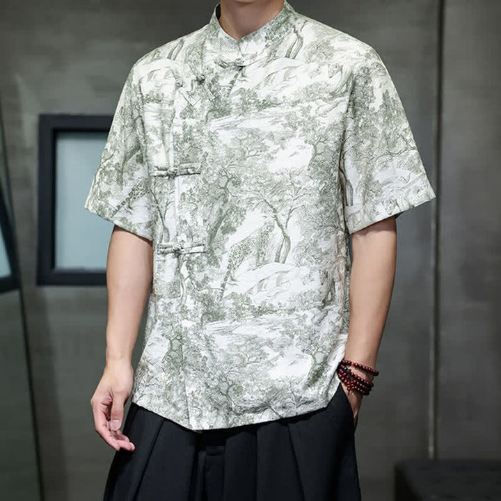 Buddha Stones Summer Tang Style Frog Button Trees Abstract Pattern Men's Short Sleeve Shirts - image 25