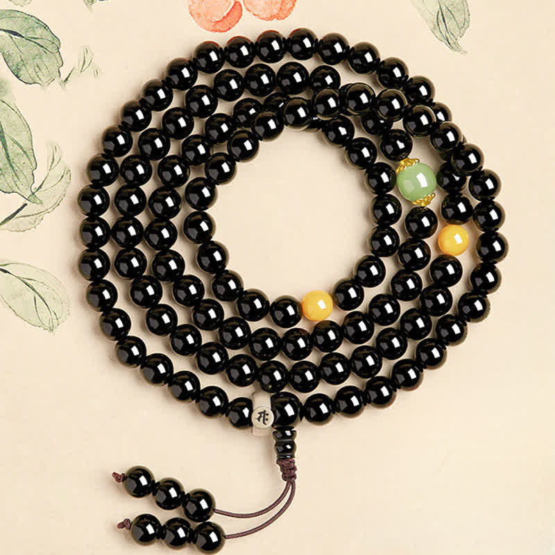 Buddha Stones Black Obsidian Chinese Zodiac Protection Hand Polished 108 Bead Tassel Mala - Horse-Mahasattva Bodhisattva - 8mm - image 4