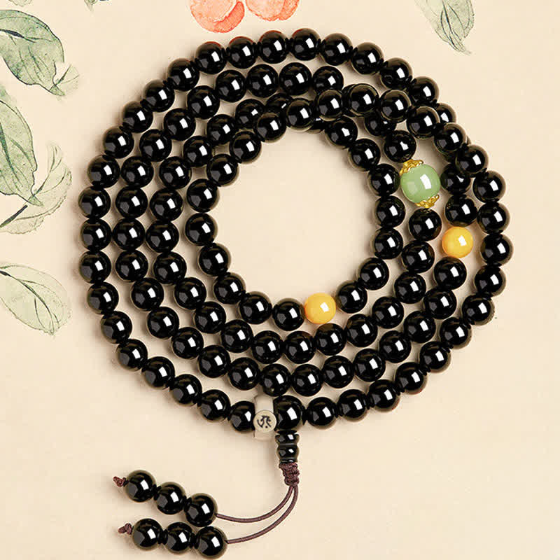 Buddha Stones Black Obsidian Chinese Zodiac Protection Hand Polished 108 Bead Tassel Mala - Ox/Tiger-Void Bodhisattva - 8mm - image 1