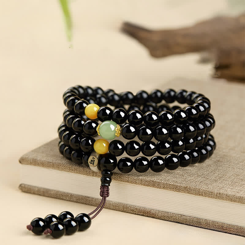 Buddha Stones Black Obsidian Chinese Zodiac Protection Hand Polished 108 Bead Tassel Mala - image 11