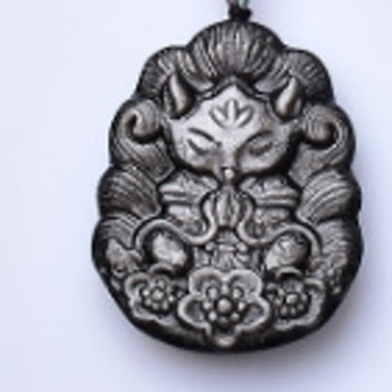 Buddha Stones Black Obsidian Nine-Tail Fox Protection Hand Carved Necklace - image 2