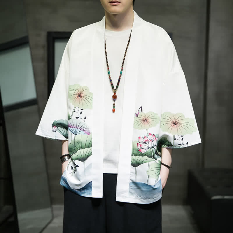 Buddha Stones Summer Casual Lotus Leaves Butterfly Crane Print Open Front Men's Kimono - White - US/UK/AU48, EU58 (5XL) - image 0