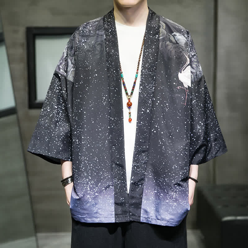 Buddha Stones Summer Casual Lotus Leaves Butterfly Crane Print Open Front Men's Kimono - DarkSlateBlue - US/UK/AU46，EU56 (5XL) - image 24