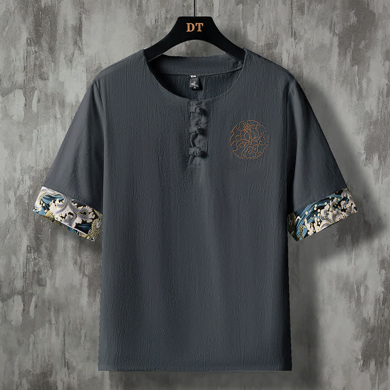 Buddha Stones Summer Casual Frog Button Flower Embroidery Men's Short Sleeve Shirts - DimGray - US/UK/AU46，EU56 (5XL) - image 10
