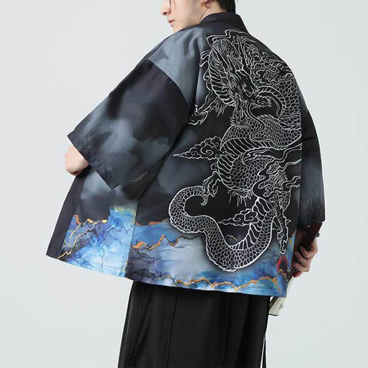 Buddha Stones Summer Casual Dragon Mountains Open Front Men's Kimono - image 3
