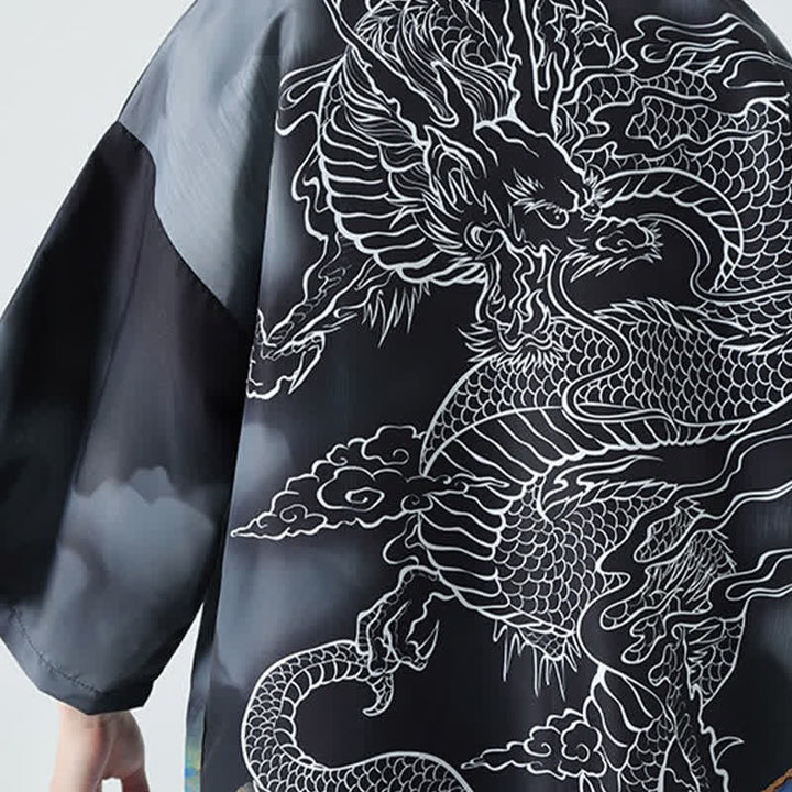 Buddha Stones Summer Casual Dragon Mountains Open Front Men's Kimono - image 12