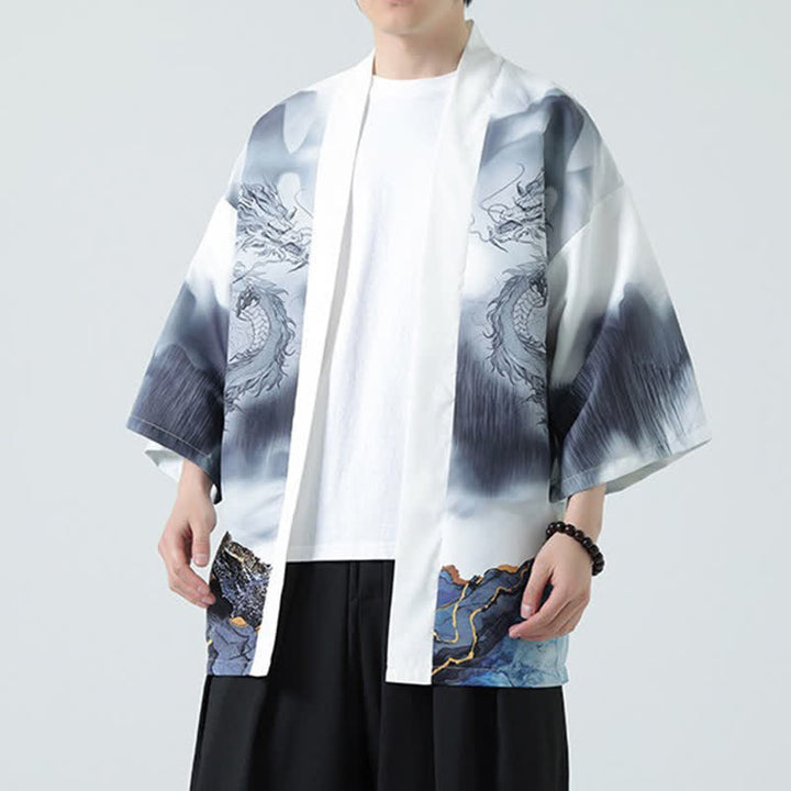Buddha Stones Summer Casual Dragon Mountains Open Front Men's Kimono - WhiteSmoke - US/UK/AU46，EU56 (5XL) - image 13