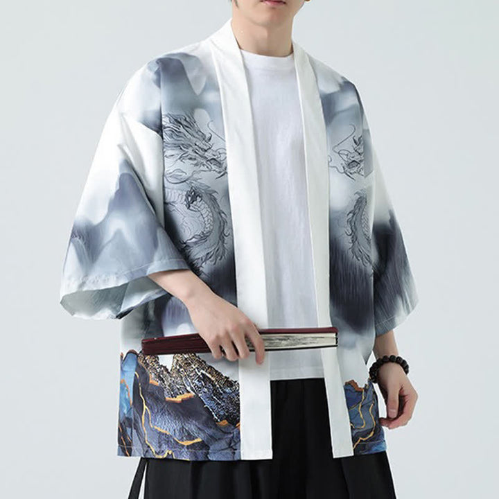 Buddha Stones Summer Casual Dragon Mountains Open Front Men's Kimono - image 18