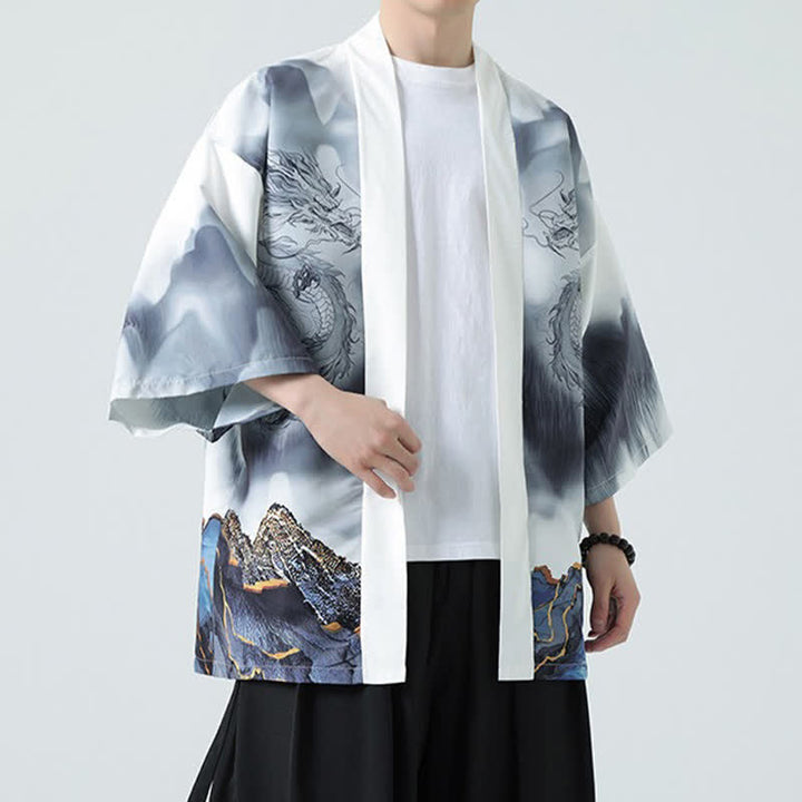 Buddha Stones Summer Casual Dragon Mountains Open Front Men's Kimono - image 19