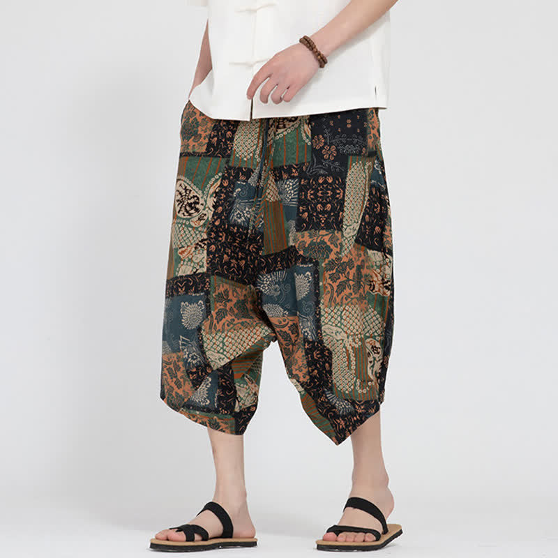 Buddha Stones Summer Boho Casual Elastic Waist Geometric Floral Pattern Capri Pants Men's Harem Pants - DarkGoldenrod - US/UK/AU48, EU58 (5XL) - image 20