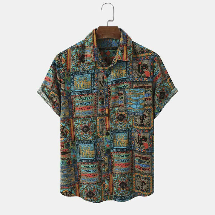 Buddha Stones Summer Boho Vintage Button-Up Geometric Men's Short Sleeve Shirts - Teal - US/UK/AU40，EU50 (3XL) - image 0