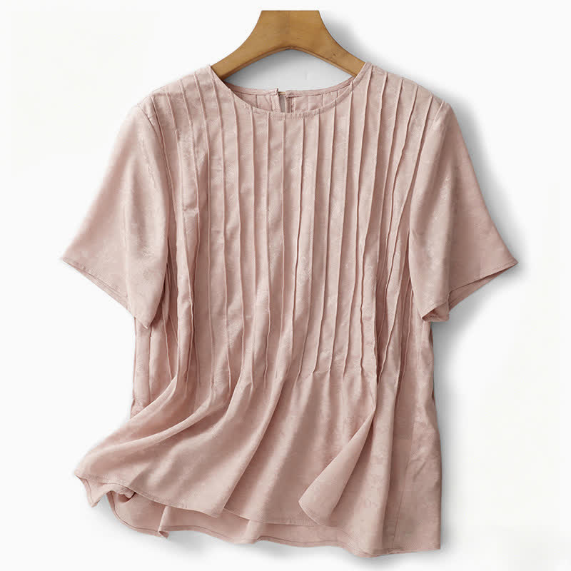 Buddha Stones Summer Elegant Pleated Solid Women's Short Sleeve T-Shirts - image 2