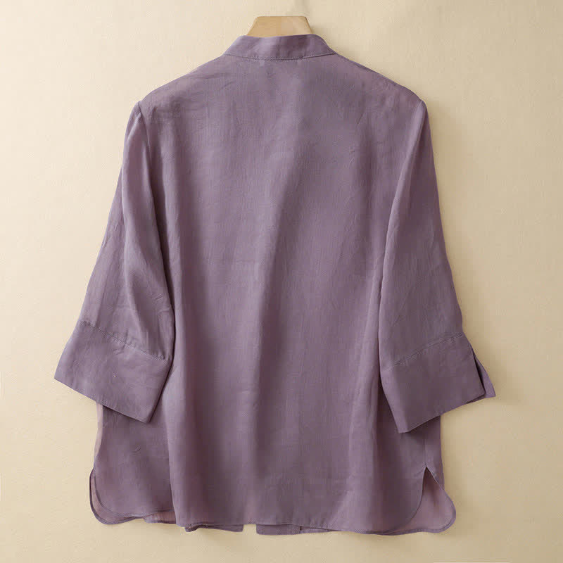 Buddha Stones Summer Solid Mandarin Collar Women's Three-Quarter Sleeve Shirts - image 1