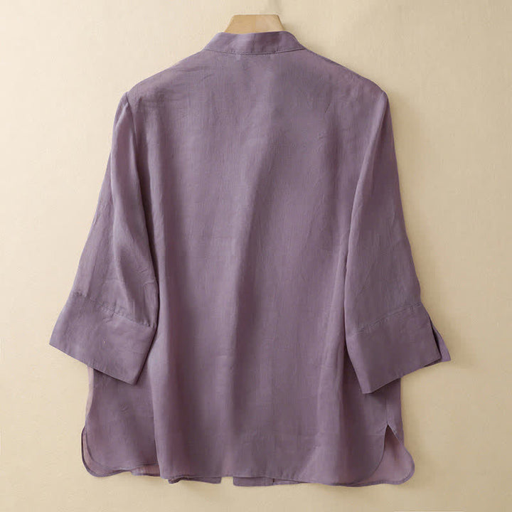 Buddha Stones Summer Solid Mandarin Collar Women's Three-Quarter Sleeve Shirts - image 1