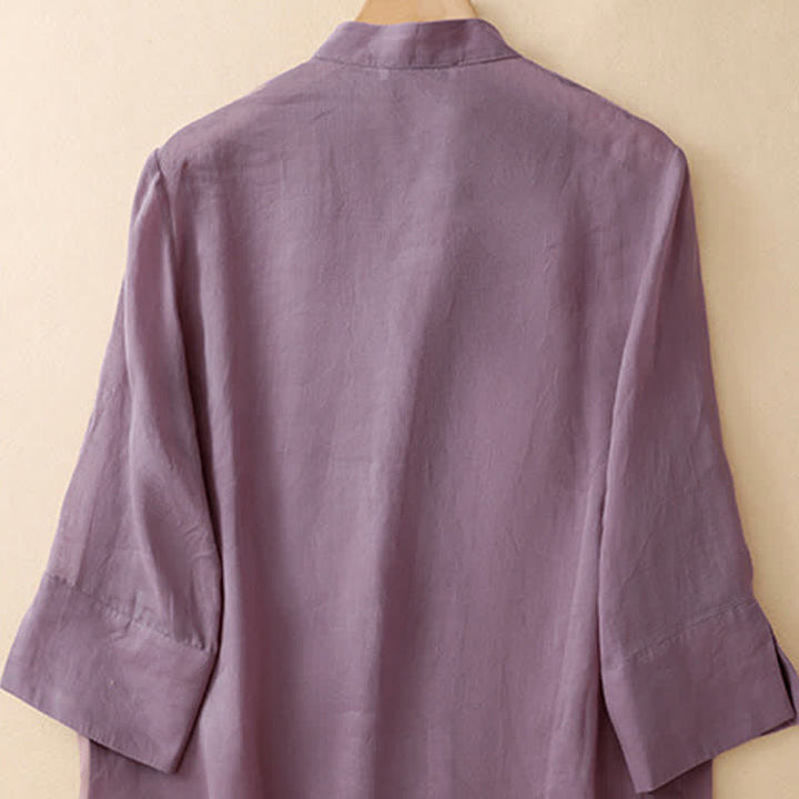 Buddha Stones Summer Solid Mandarin Collar Women's Three-Quarter Sleeve Shirts - image 3