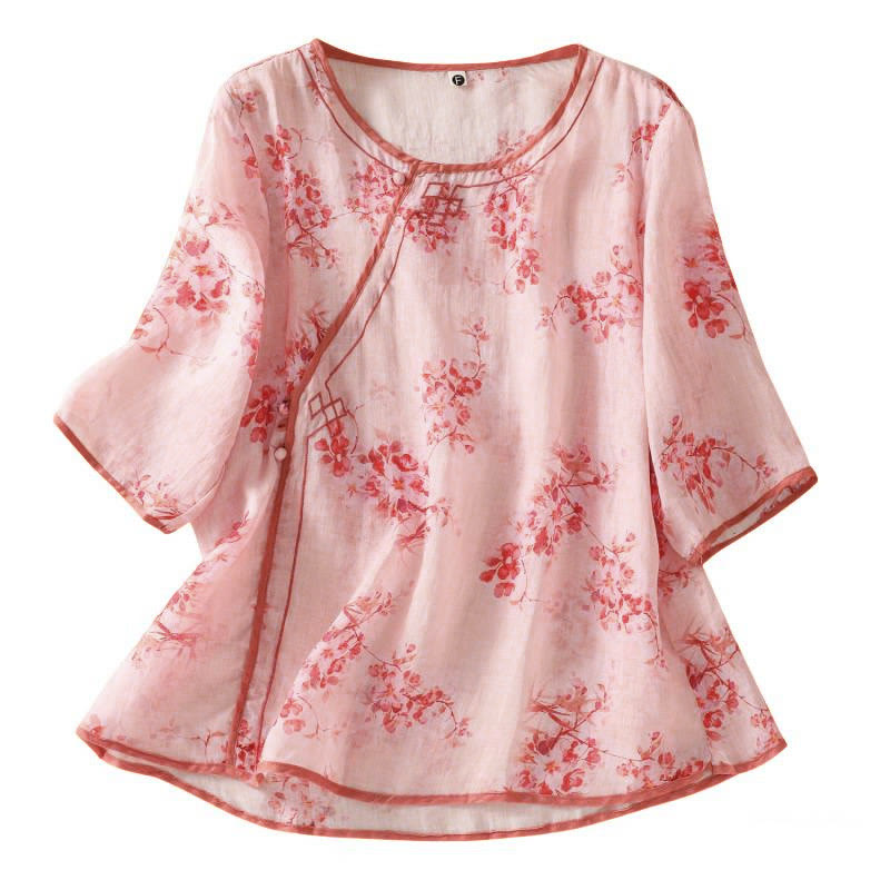Buddha Stones Summer Frog Button Floral Crew Neck Women's Elbow-Length Sleeve Shirts - image 14