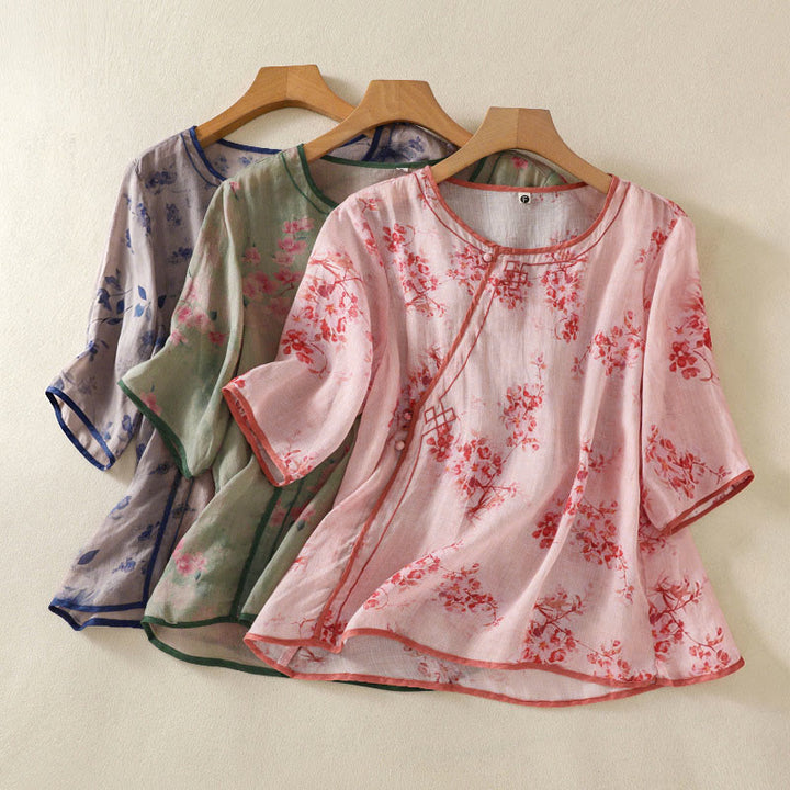 Buddha Stones Summer Frog Button Floral Crew Neck Women's Elbow-Length Sleeve Shirts - image 19