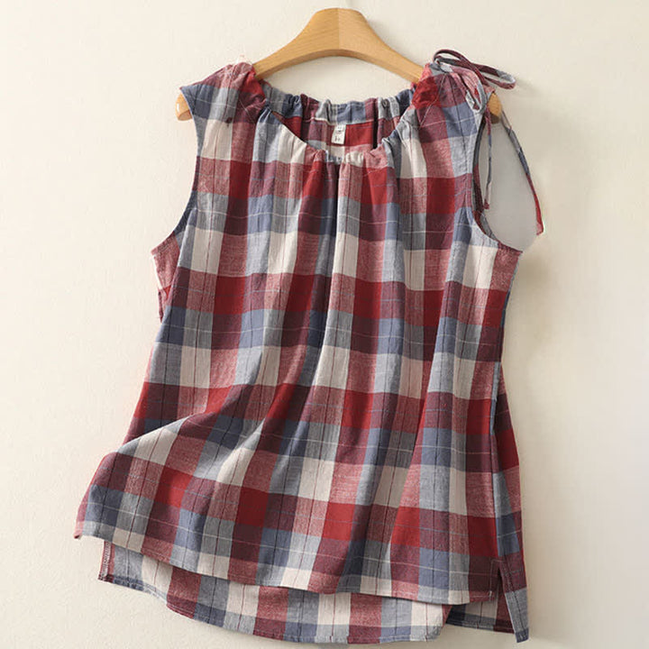Buddha Stones Summer Casual Crew Neck Plaid Pattern Women's Sleeveless Shirts Tank Top - RosyBrown - US14，UK/AU18，EU46 (2XL) - image 4