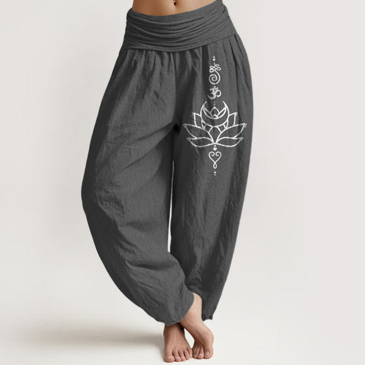 Buddha Stones Pure Cotton Lotus Bloom Pattern Women's Elastic Waist Harem Pants - DimGray - US16，UK/AU20，EU48 (3XL) - image 8