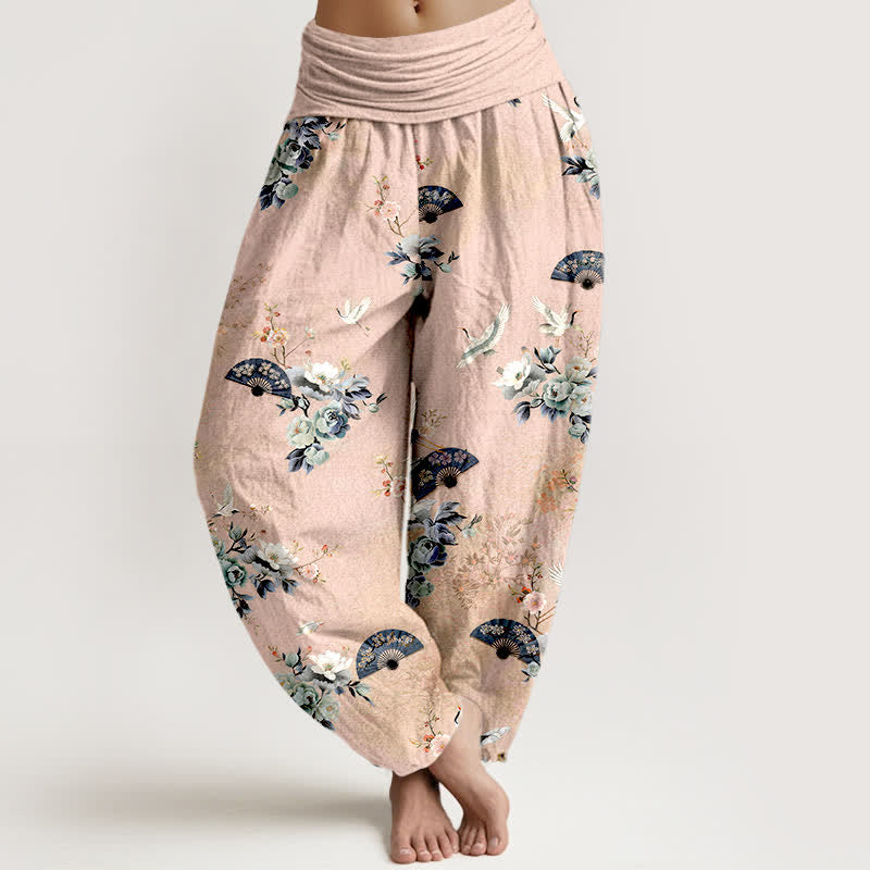 Buddha Stones Cotton Crane Fan Floral Pattern Women's Elastic Waist Harem Pants - MistyRose - US16，UK/AU20，EU48 (3XL) - image 0