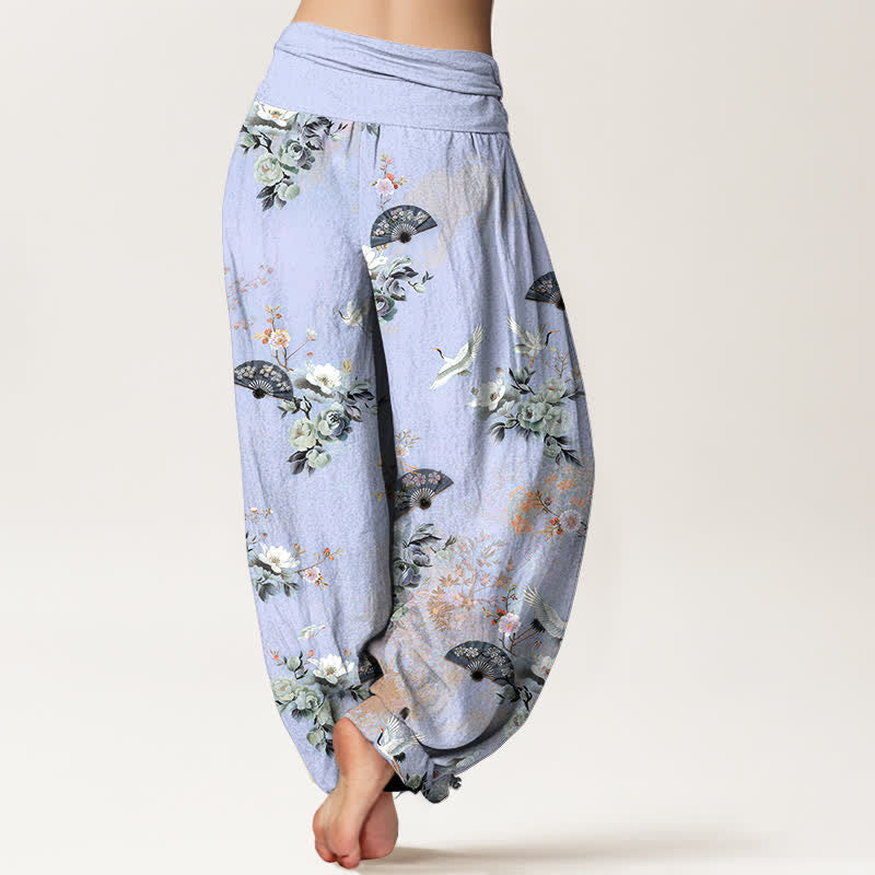 Buddha Stones Cotton Crane Fan Floral Pattern Women's Elastic Waist Harem Pants - image 9