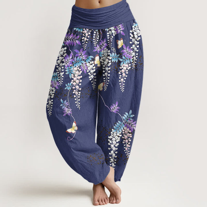 Buddha Stones Pure Cotton Wisteria Butterfly Pattern Women's Elastic Waist Harem Pants - SlateBlue - US16，UK/AU20，EU48 (3XL) - image 5