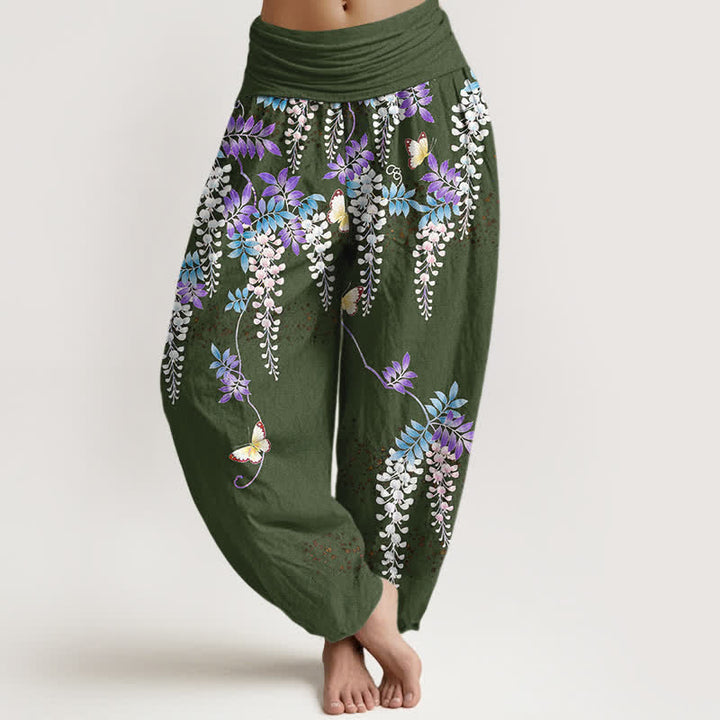Buddha Stones Pure Cotton Wisteria Butterfly Pattern Women's Elastic Waist Harem Pants - DarkOliveGreen - US16，UK/AU20，EU48 (3XL) - image 8