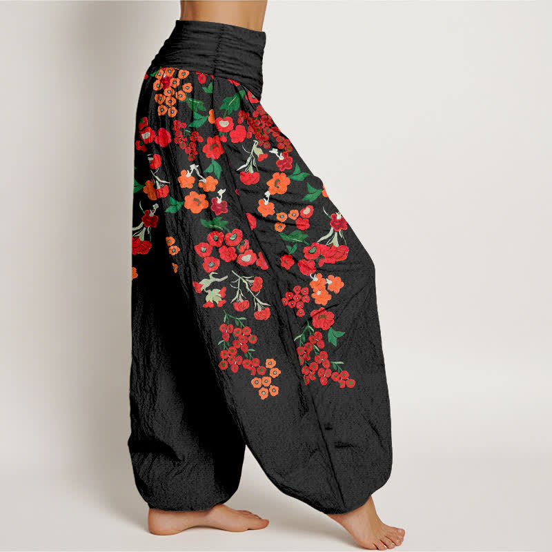 Buddha Stones Cotton Bohemian Red Floral Pattern Women's Elastic Waist Harem Pants - image 2