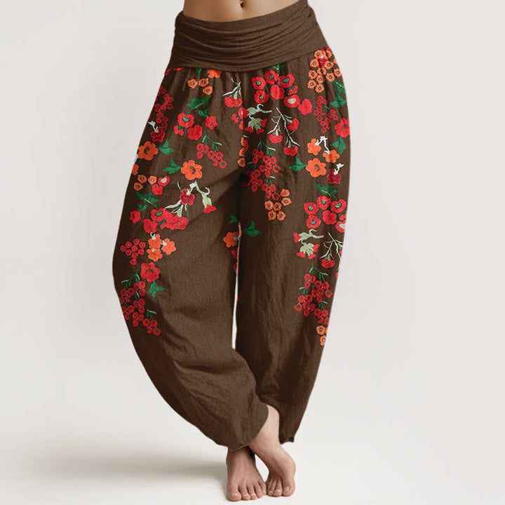 Buddha Stones Cotton Bohemian Red Floral Pattern Women's Elastic Waist Harem Pants - SaddleBrown - US16，UK/AU20，EU48 (3XL) - image 5