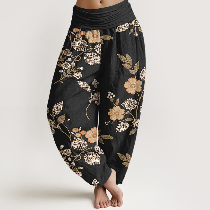 Buddha Stones Pure Cotton Vintage Floral Leaf Pattern Women's Elastic Waist Harem Pants - Black - US16，UK/AU20，EU48 (3XL) - image 8