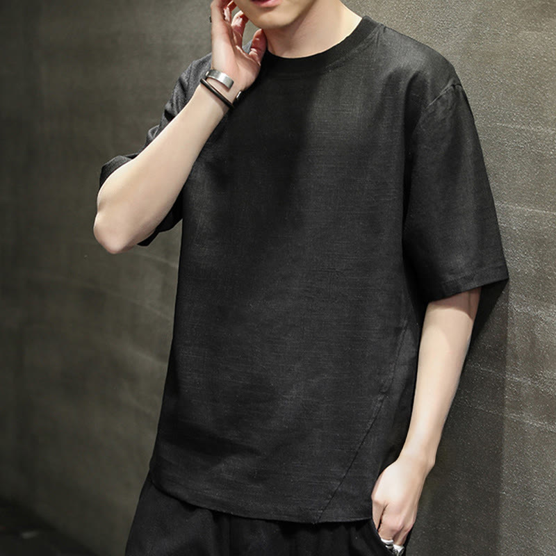 Buddha Stones Summer Casual Minimalist Solid Crew Neck Linen Men's Short Sleeve T-Shirts - image 10