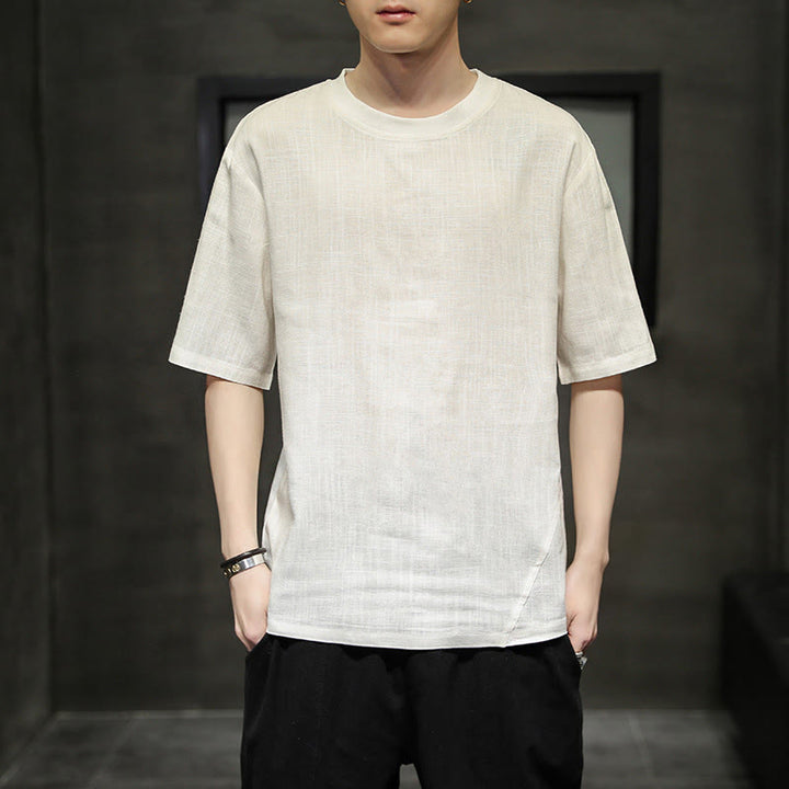 Buddha Stones Summer Casual Minimalist Solid Crew Neck Linen Men's Short Sleeve T-Shirts - White - US/UK/AU48, EU58 (5XL) - image 16