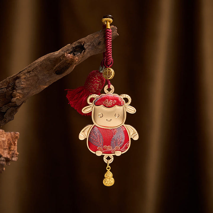Buddha Stones Song Brocade Handmade Chinese Zodiac Tassel Lucky Keychain - Goat - Red - image 0