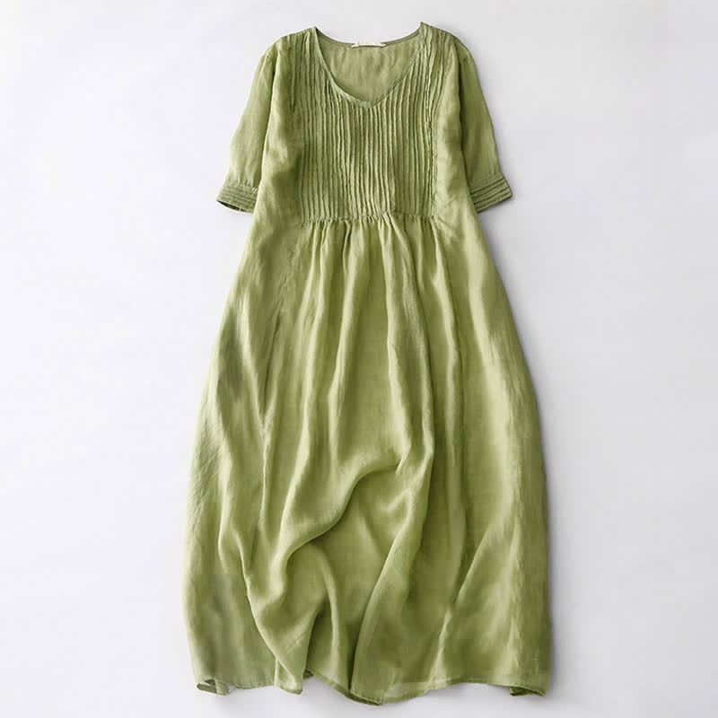 Buddha Stones Casual Accordion Pleat Plain V-neck Short Sleeve Midi Dress With Pockets - YellowGreen - US14，UK/AU18，EU46 (2XL) - image 11