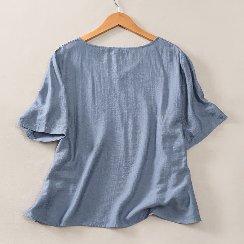Buddha Stones Summer Casual Minimalist V-Neck Solid Decorative Button Women's Short Sleeve T-Shirts - image 7