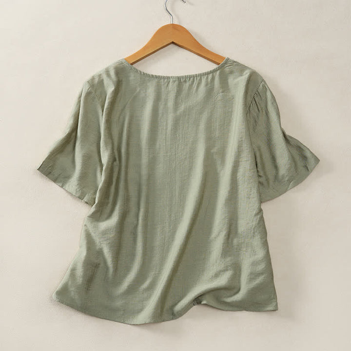 Buddha Stones Summer Casual Minimalist V-Neck Solid Decorative Button Women's Short Sleeve T-Shirts - image 13