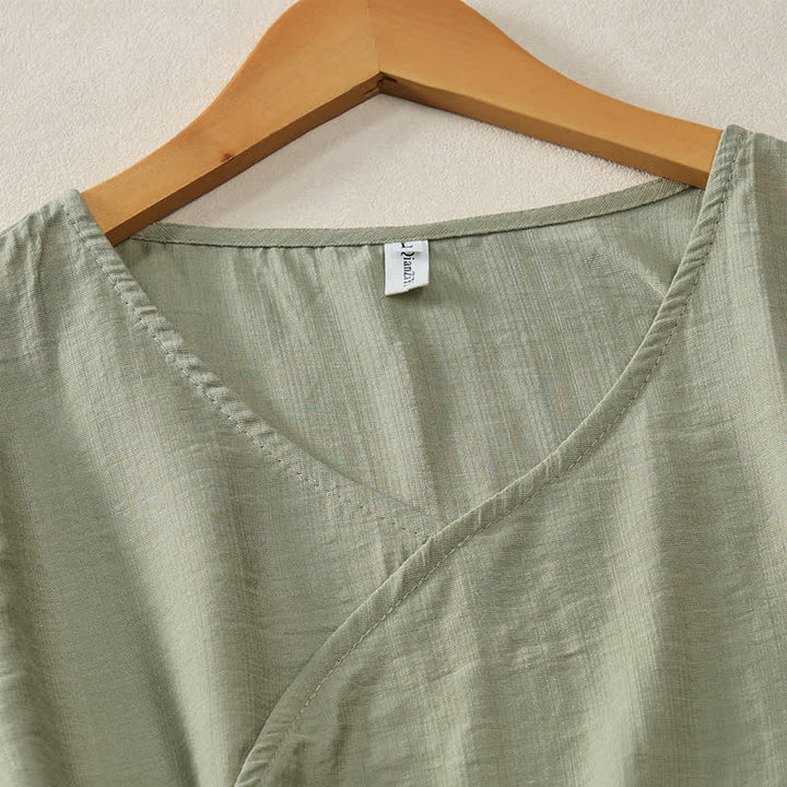Buddha Stones Summer Casual Minimalist V-Neck Solid Decorative Button Women's Short Sleeve T-Shirts - image 14