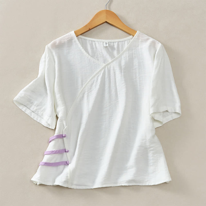 Buddha Stones Summer Casual Minimalist V-Neck Solid Decorative Button Women's Short Sleeve T-Shirts - White - US8-10, UK/AU12-14, EU40-42 (2XL) - image 18