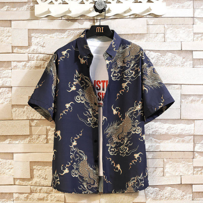 Buddha Stones Summer Dragon Pattern Buttons Up Men's Short Sleeve Shirts - SteelBlue - US/UK/AU46，EU56 (5XL) - image 9