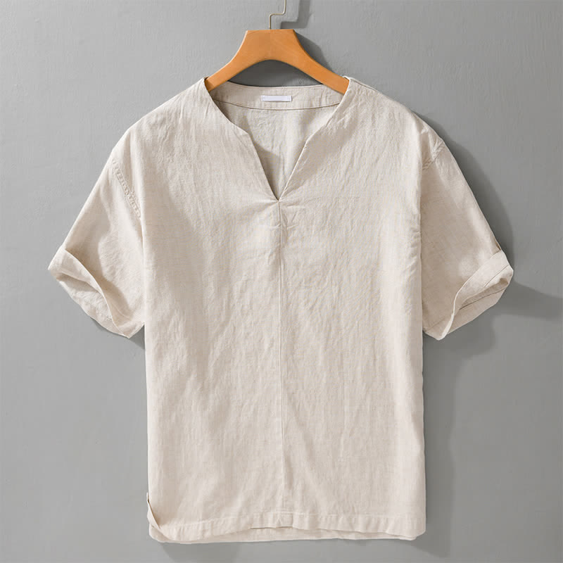 Buddha Stones Summer Minimalist Solid V-Neck Men's Short Sleeve T-Shirts - Linen - US/UK/AU46，EU56 (5XL) - image 0