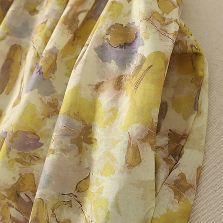 Buddha Stones Spring Summer Vintage Drawstring Yellow Floral Women's Short Sleeve Midi Dress - image 7