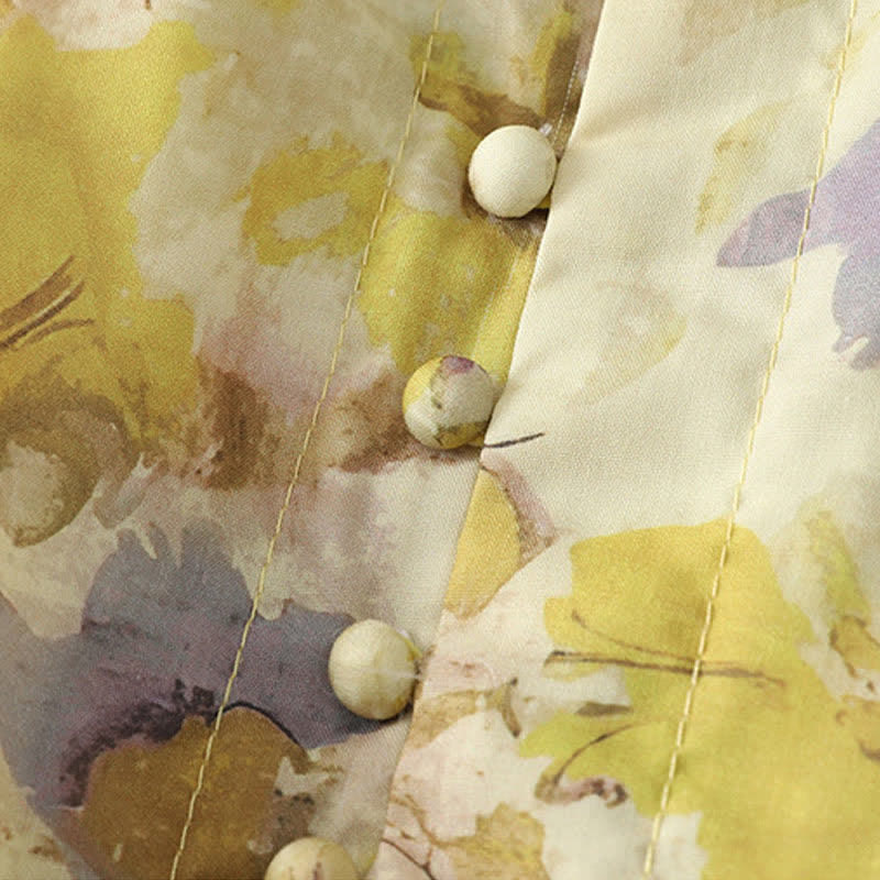 Buddha Stones Spring Summer Vintage Drawstring Yellow Floral Women's Short Sleeve Midi Dress - image 4