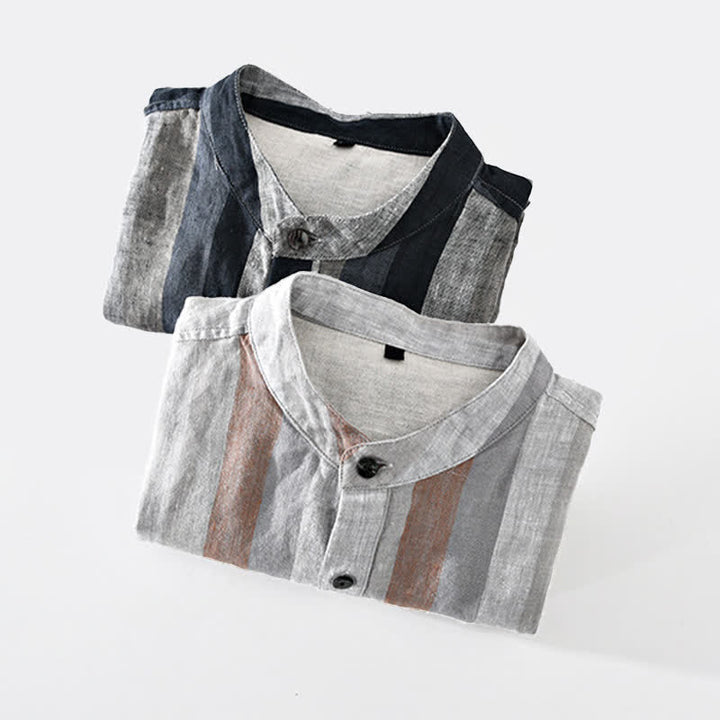 Buddha Stones Summer Vintage Mandarin Collar Button Up Striped Linen Men's Shirts With Patch Pocket - image 16