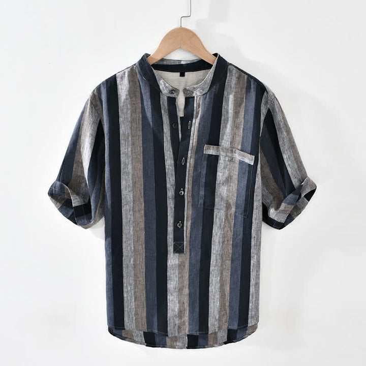Buddha Stones Summer Vintage Mandarin Collar Button Up Striped Linen Men's Shirts With Patch Pocket - SlateGray - US/UK/AU42，EU52 (3XL) - image 10