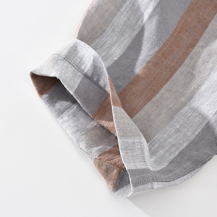 Buddha Stones Summer Vintage Mandarin Collar Button Up Striped Linen Men's Shirts With Patch Pocket - image 7