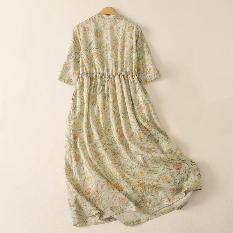 Buddha Stones Summer Boho Drawstring Floral Women's Short Sleeve Dress With Pocket - image 1