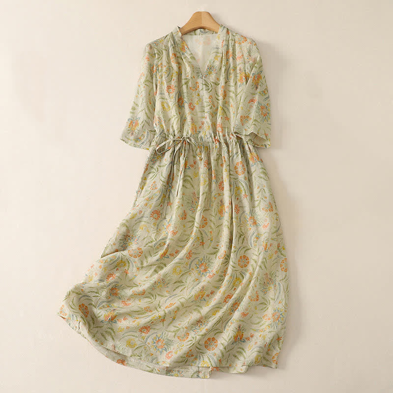 Buddha Stones Summer Boho Drawstring Floral Women's Short Sleeve Dress With Pocket - LemonChiffon - US12，UK/AU16，EU44 (2XL) - image 0
