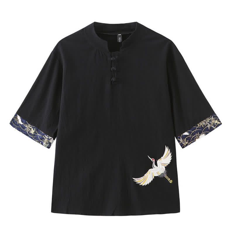 Buddha Stones Summer Tang Style Vintage Frog Button Crane Men's Short Sleeve Shirts - Black - US/UK/AU46，EU56 (5XL) - image 10