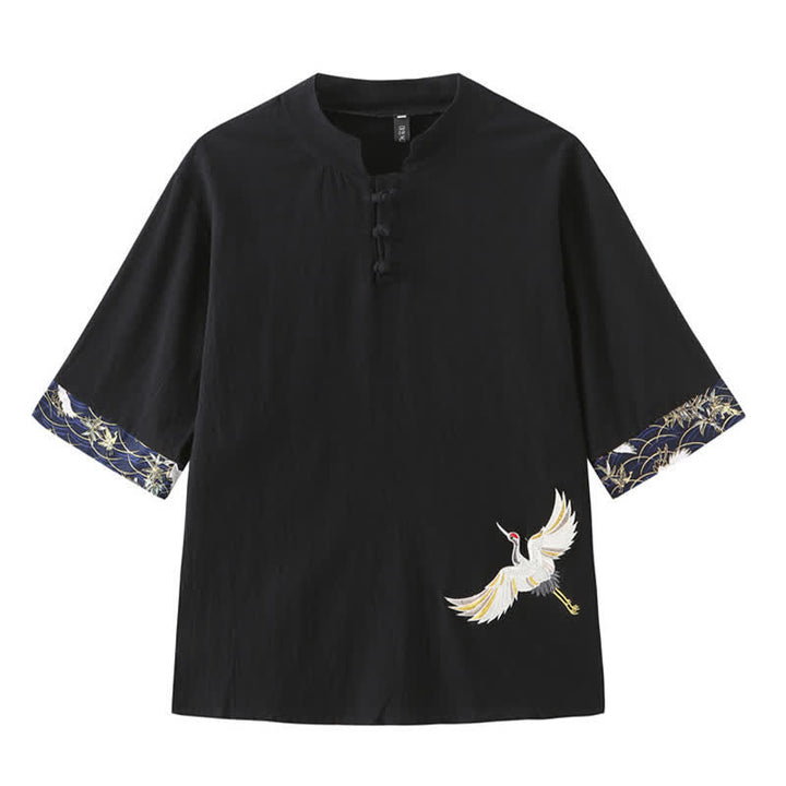 Buddha Stones Summer Tang Style Vintage Frog Button Crane Men's Short Sleeve Shirts - Black - US/UK/AU46，EU56 (5XL) - image 10