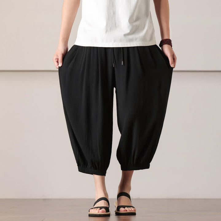 Buddha Stones Summer Casual Minimalist Drawstring Solid Capri Pants Men's Harem Pants With Pocket - image 23
